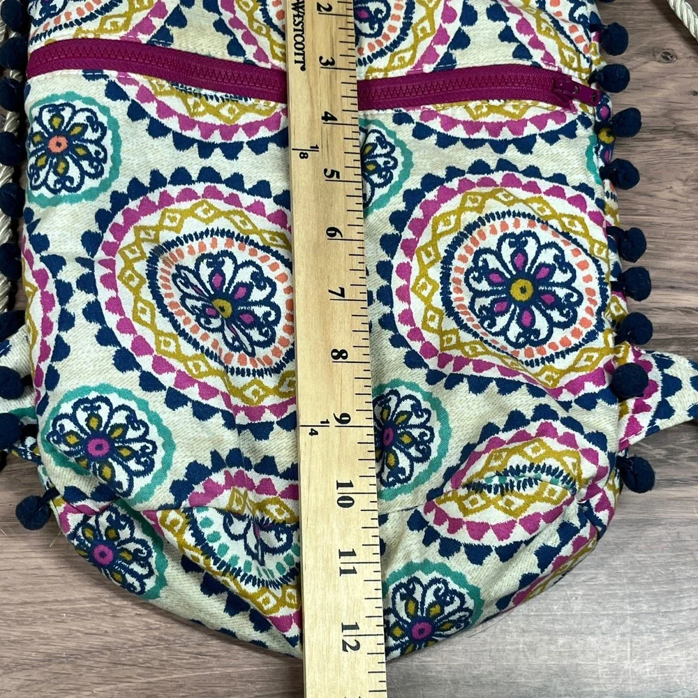 Douglas Company‎ Drawstring Backpack Multicolor Medallion Pom-Pom Trim Boho